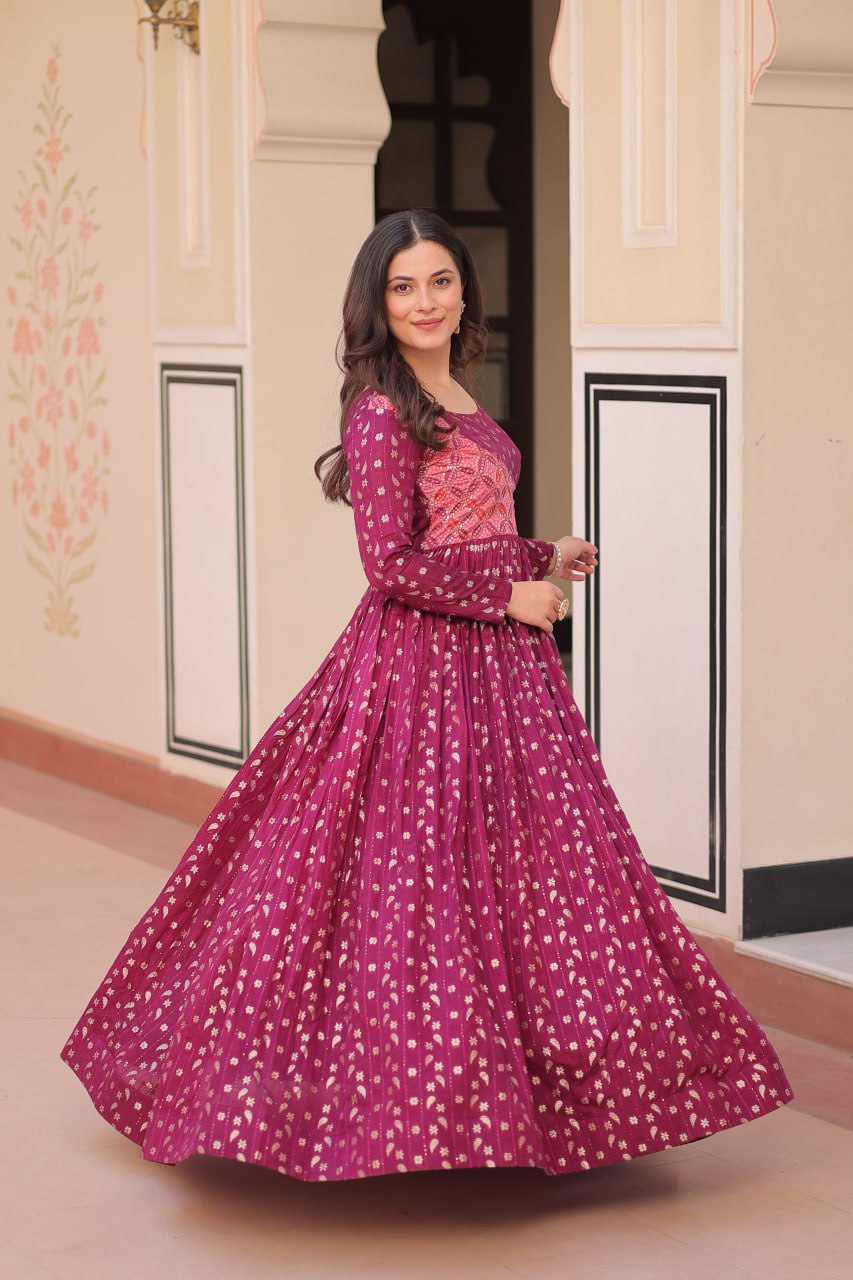 Women's Festive Berry Purple Printed Anarkali Gown with Intricate Zari Work & Embellished Yoke β Perfect for Traditional & Celebration Wear